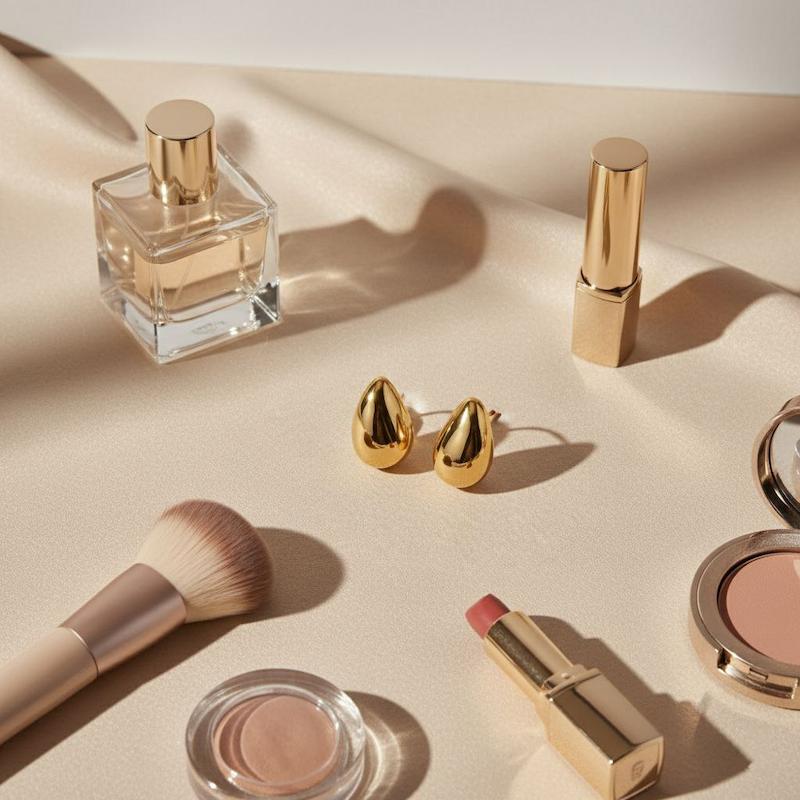 گوشواره اشک طلایی در کنار عطر و لوازم آرایشی با نور نرم