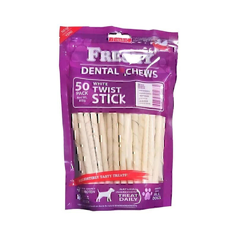 تشویقی مدادی دنتال سگ با طعم گوشت فرشی Freshy Dental White Twists Sticks بسته 50 عددی