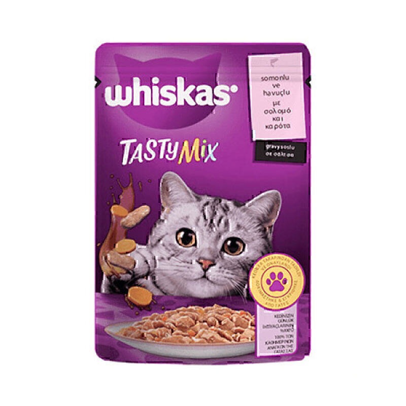 پوچ گربه ویسکاس با طعم میکس ماهی سالمون و هویج در سس Whiskas Tasty Mix With Salmon & Carrot in Gravy وزن 85 گرم