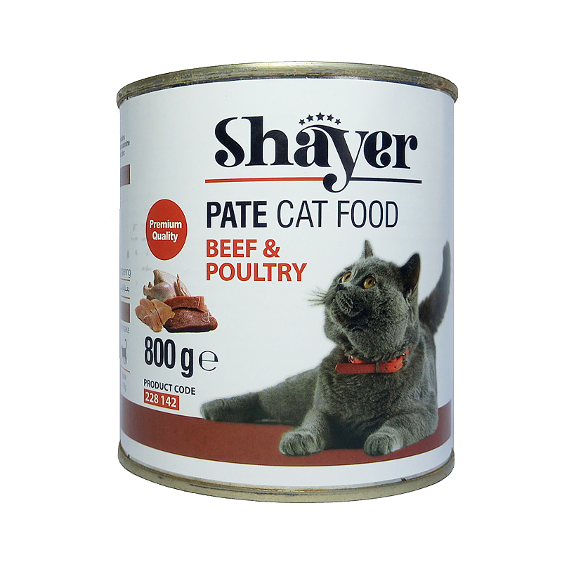 کنسرو غذای گربه با طعم گوشت گاو و پرندگان شایر Shayer Premium With Beef & Poultry وزن 800 گرم