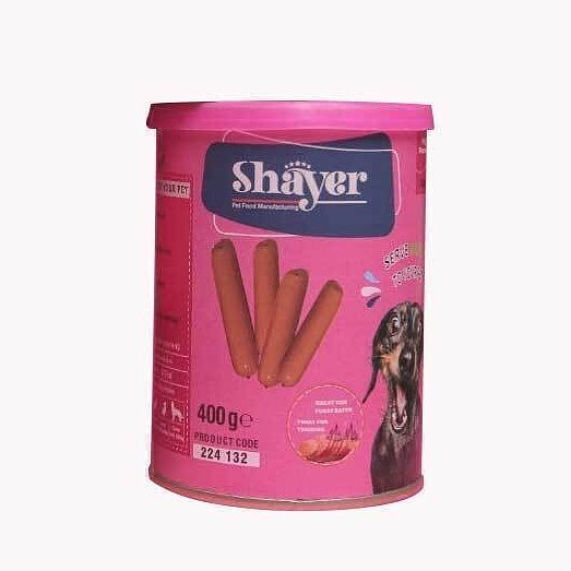 کنسرو سوسیس سگ شایر با طعم دودی در سس Shayer Smoky Sausage وزن 400 گرم