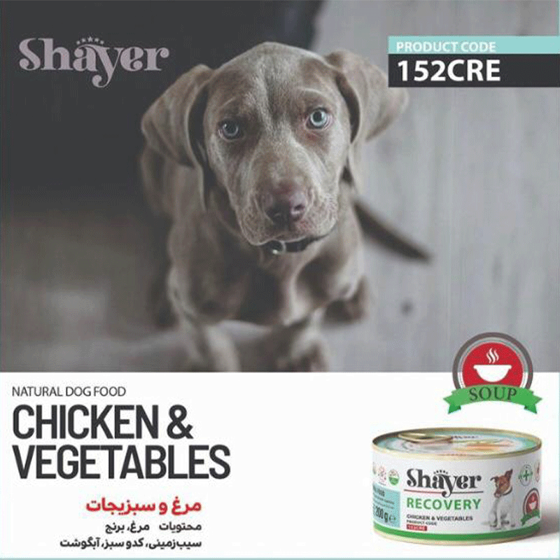 کنسرو ریکاوری سگ با طعم مرغ و سبزیجات شایر Shayer Soup With Chicken & Vegetable وزن ۲۰۰ گرم