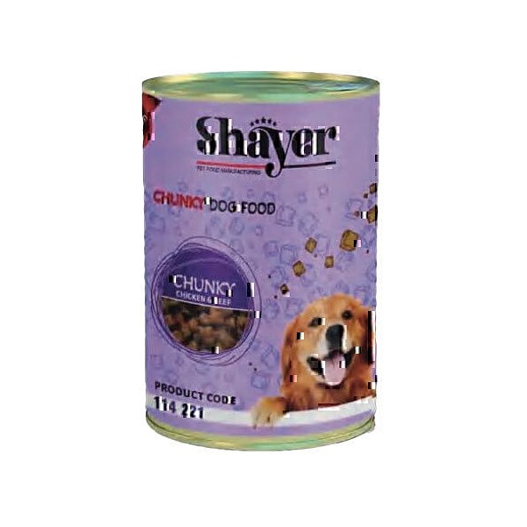 کنسرو غذای سگ با طعم مرغ و گوشت شایر Shayer Chunky Chicken & Beef وزن 400 گرم