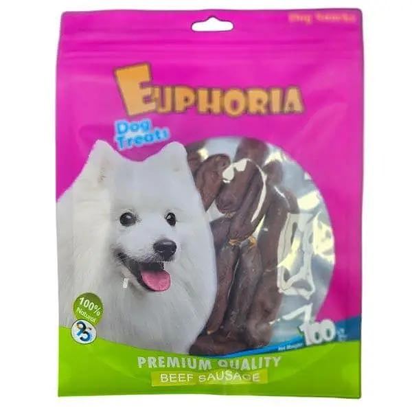 تشویقی سوسیسی سگ ایفوریا با طعم گوشت Euphoria dog treats with beef sausage وزن ۱۰۰ گرم