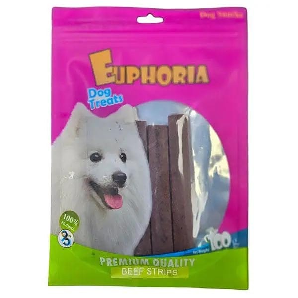 تشویقی سگ ایفوریا با طعم گوشت Euphoria dog treats with beef strips وزن ۱۰۰ گرم