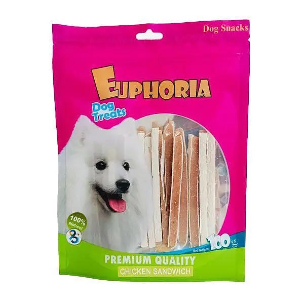 تشویقی سگ ایفوریا با طعم مرغ مدل نواری ساندویچی Euphoria dog treats with chicken وزن ۱۰۰ گرم