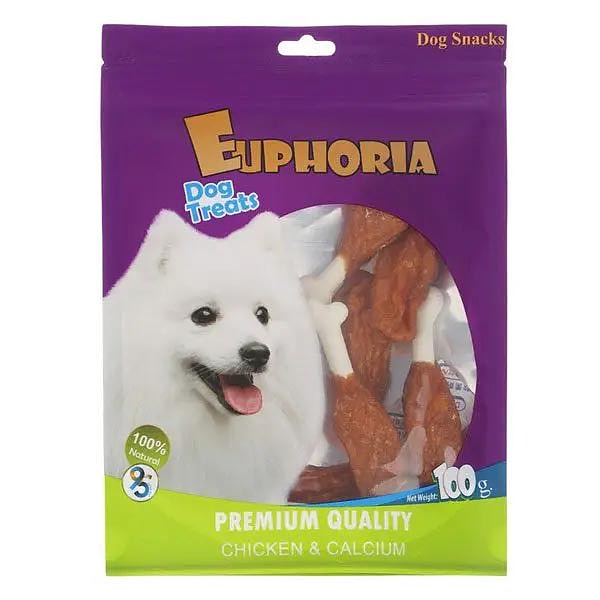 تشویقی سگ ایفوریا با طعم مرغ مدل ران مرغ Euphoria dog treats with chicken & calcium وزن ۱۰۰ گرم