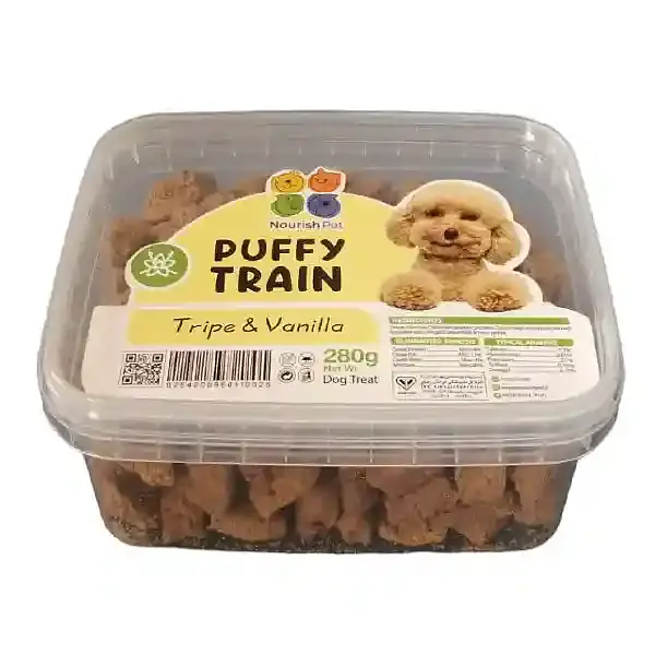 تشویقی سگ پافی ترین نوریش پت طعم سیرابی و وانیل Puffy train tripe & vanilla وزن ۲۸۰ گرم