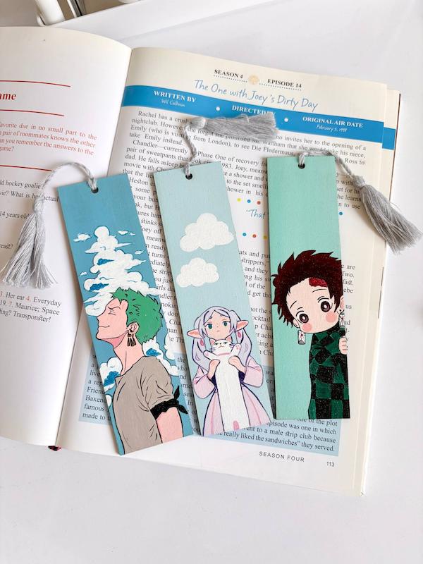 بوکمارک چوبی نقاشی شده Zoro, Tanjiro, Frieren 