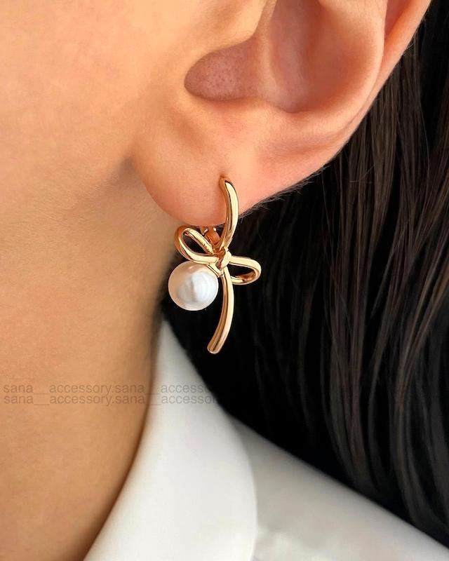 گوشواره پاپیون خطی تک مروارید ژوپینگ