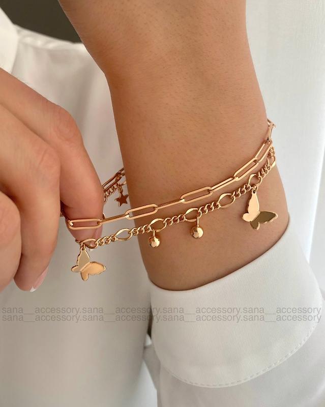 دستبند دو لاین آویز پروانه ژوپینگ