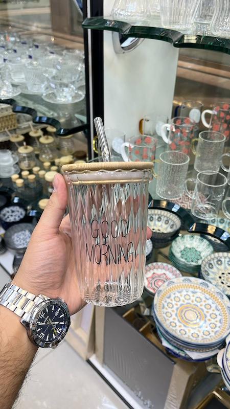 اسموتی‌پیرکس شفاف با درب بامبو و نی | بطری نوشیدنی پیرکس | فروشگاه نامارا