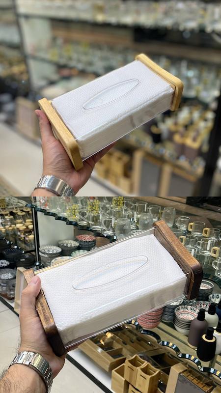 جا دستمال آکریلیک با پایه چوبی شفاف | فروشگاه نامارا