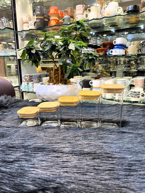 ست بانکه قطر ۶ سانت با درب بامبو | ظرف نگهداری شیشه‌ای