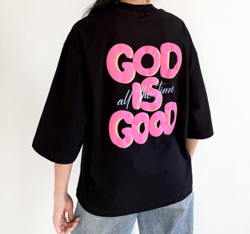 تیشرت باکسی اورسایز فری سایز طرح GOD IS GOOD