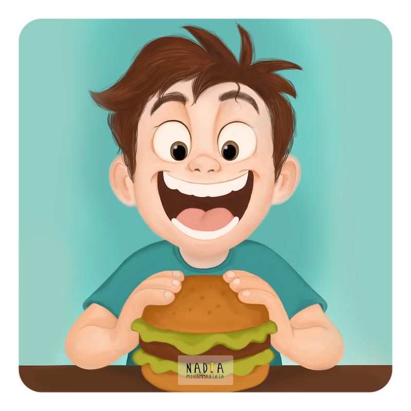 تصویرسازی کارتونی پسر با برگر 