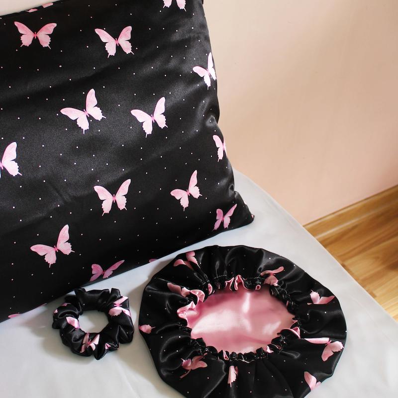 ست ساتن ابریشم طرح پروانه زمینه مشکی