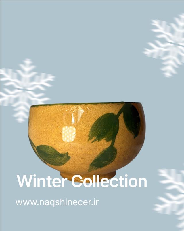 لیوان سفالی لعاب دار طرح برگ 