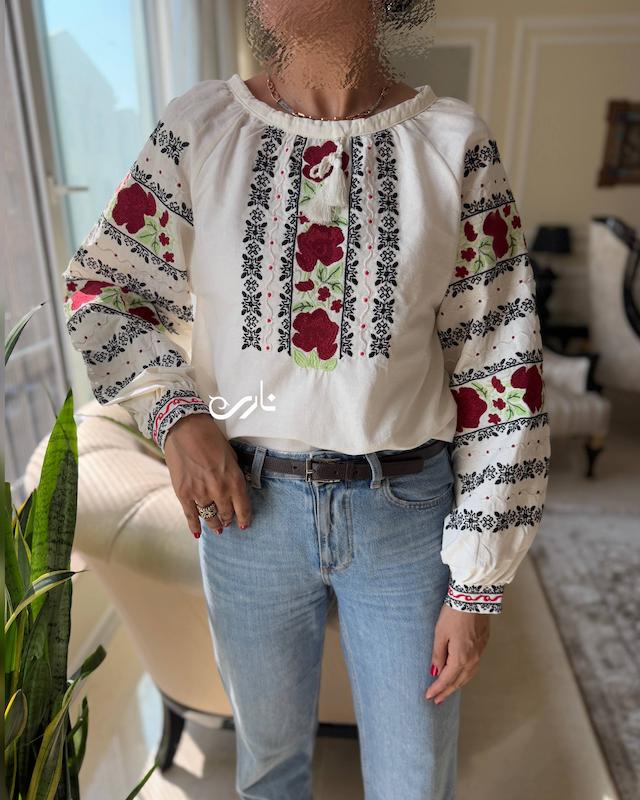 شومیز گل سرخ گلدوزی