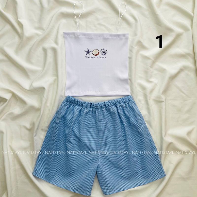 ست کراپ و شورتک آبی