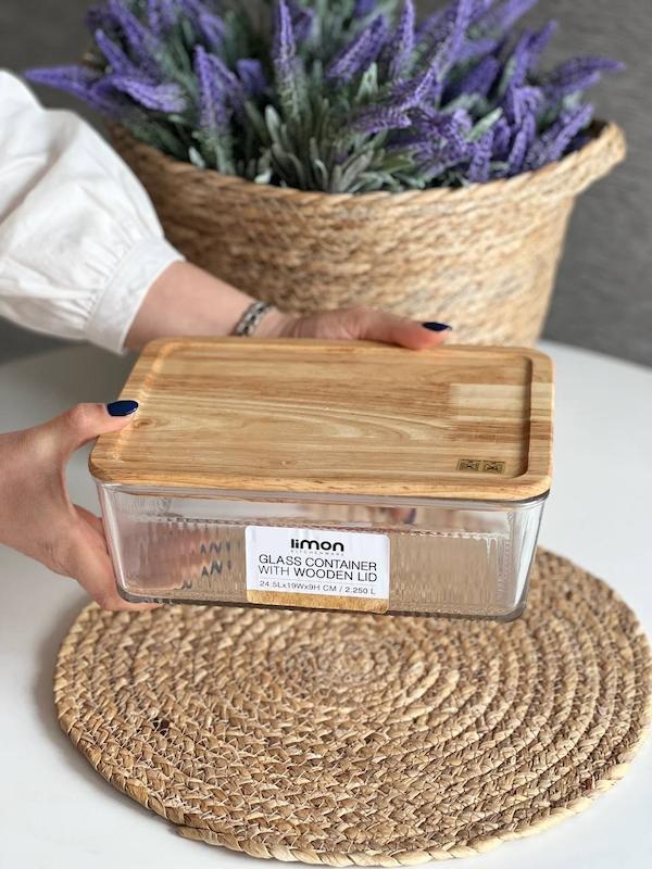 ظرف شيشه اي شياردار  2/25 ليتر درب چوبي کد 219259 لیمون