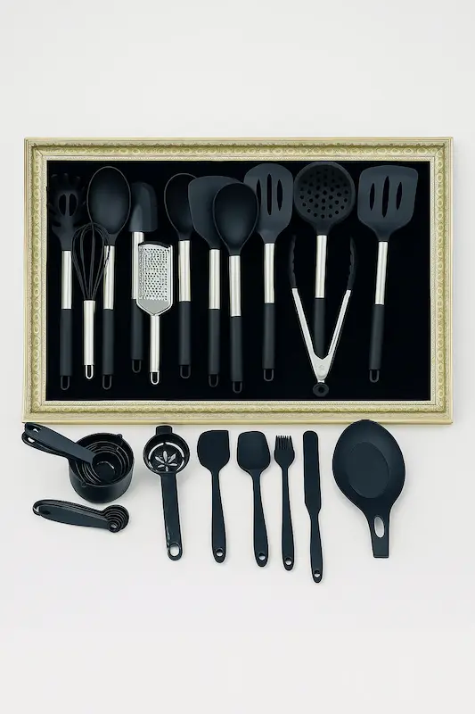 ست کامل کفگیر و ملاقه سیلیکونی نسوز دسته استیل