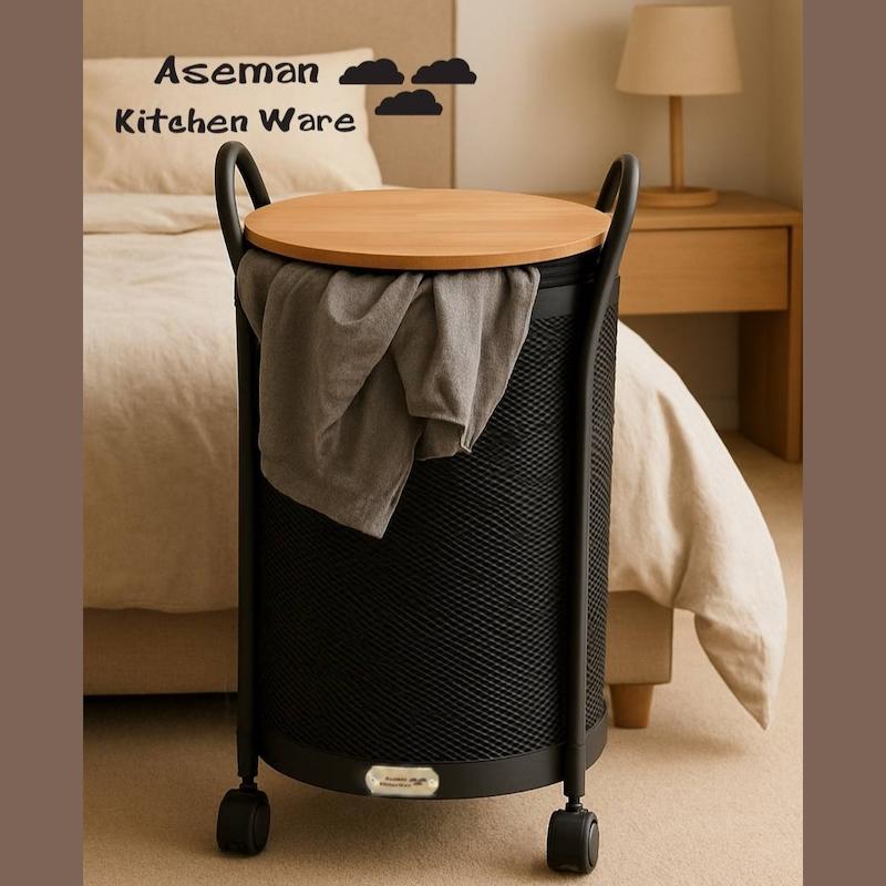 سبد لباس فلزی درب چوبی چرخ دار 