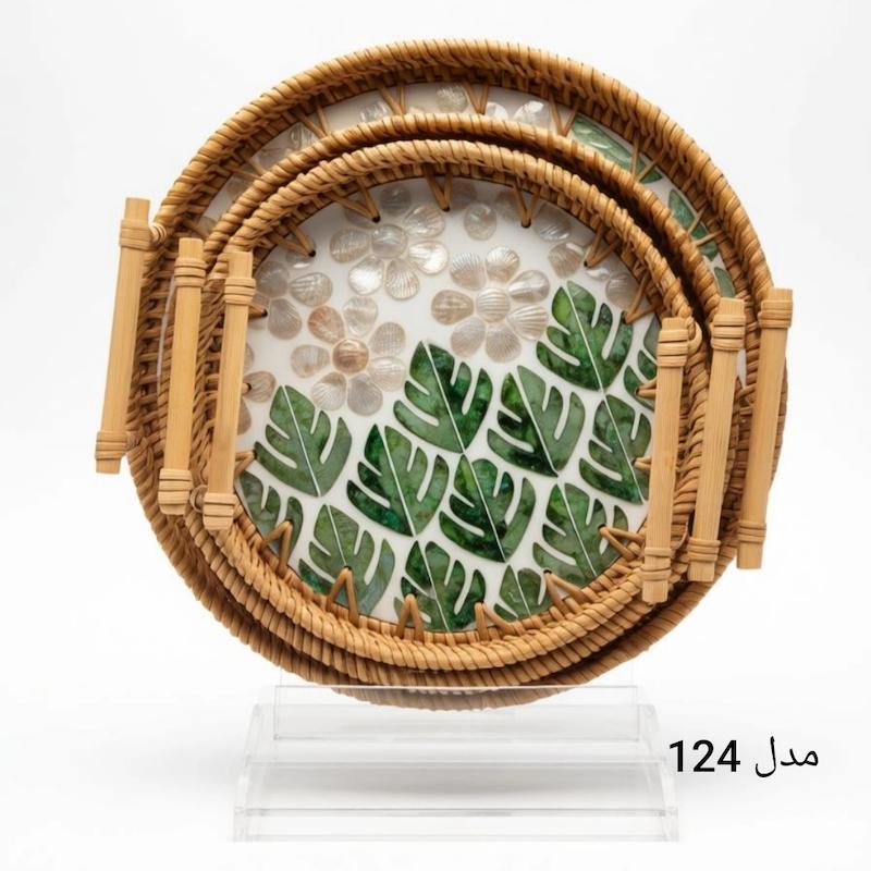 سینی گرد سه سایز بافت دسته دار راتان
