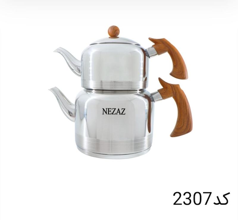 کتری قوری نزاز NEZAZ لوله دار 2.5 لیتری طرح چوب تمام استیل کف چدن کد 2307