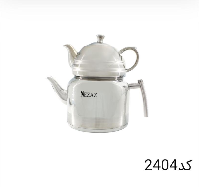 کتری قوری نزاز NEZAZ لوله دار 2.5 لیتری دسته استیل قوری کروم کف چدن کد 2404