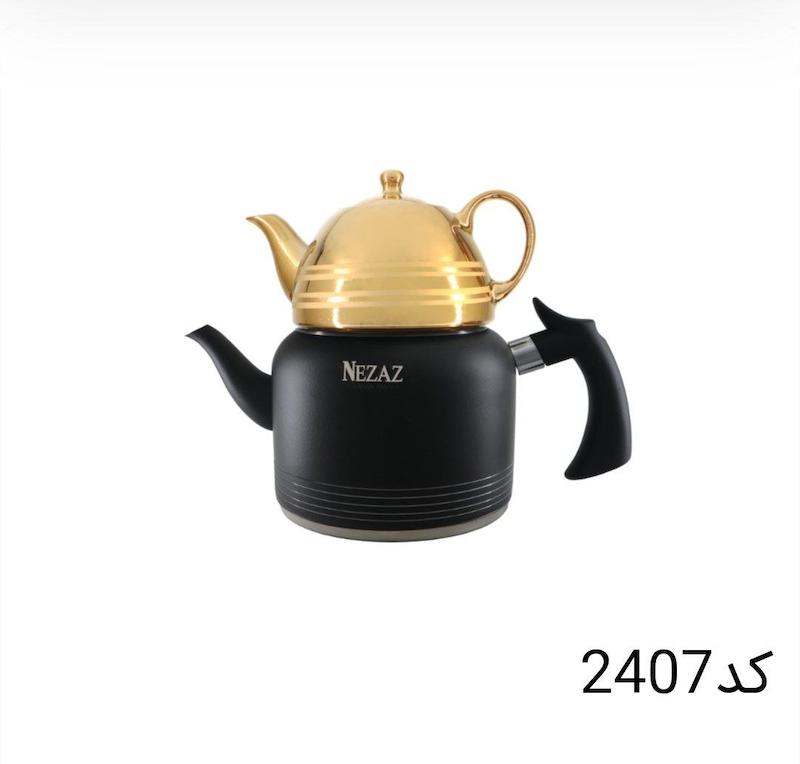 کتری قوری نزاز NEZAZ رنگی 2.5 لیتری قوری چینی طلایی کف چدن کد 2407