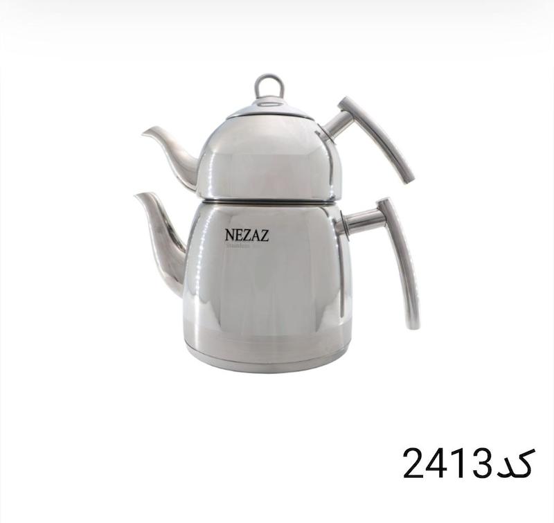 کتری قوری نزاز NEZAZ تمام استیل 3 لیتری قوری استیل کف چدن کد 2413