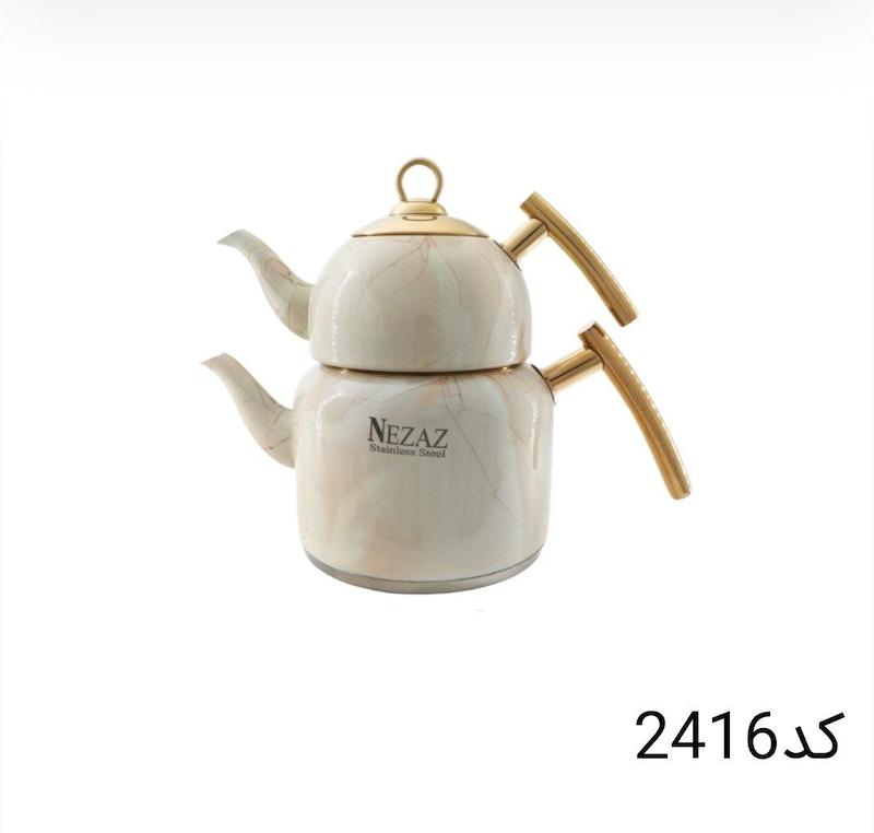 کتری قوری نزاز NEZAZ تمام استیل 2.5 لیتری دسته طلایی کف چدن کد 2416