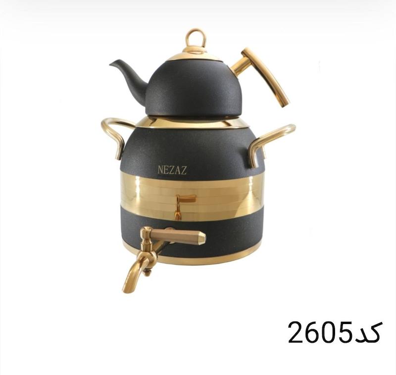 کتری قوری نزاز NEZAZ طرح ترک 5 لیتری مشکی طلایی قوری استیل کف چدن کد 2605