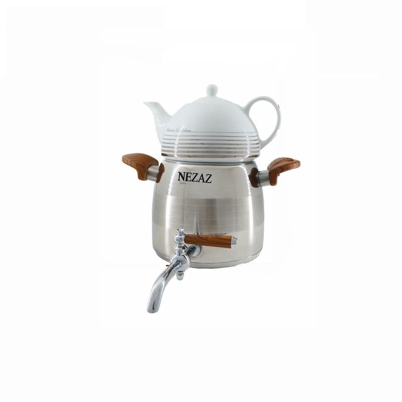 کتری قوری نزاز NEZAZ هرمی 3 لیتری استیل دسته چوب کف چدن کد 2804