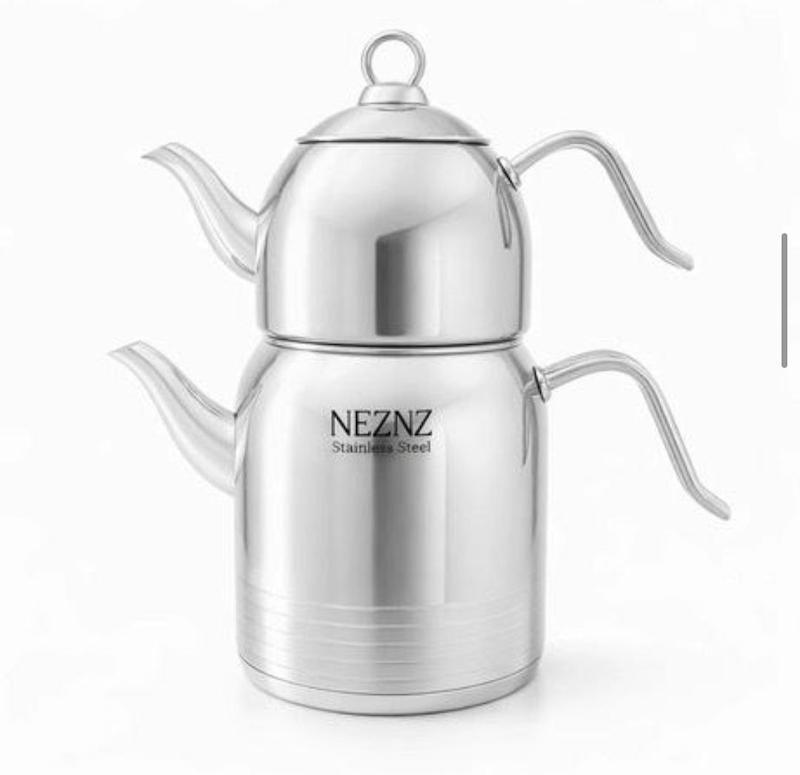 کتری قوری نزاز NEZAZ تمام استیل 3.5 لیتر قوری استیل تمام استیل کف چدن کد 2417