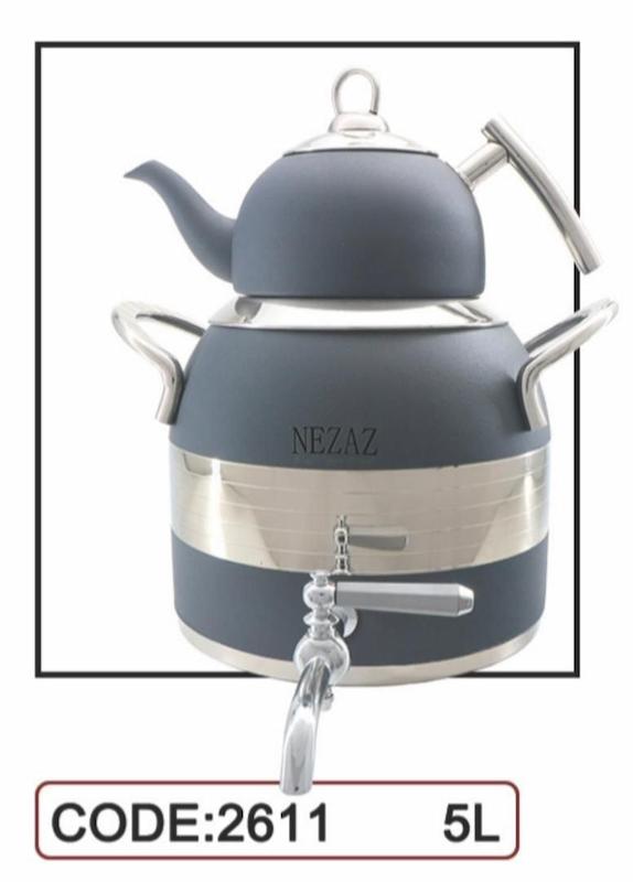 کتری قوری نزاز NEZAZ طرح ترک 5 لیتری طوسی  قوری استیل کف چدن کد 2611