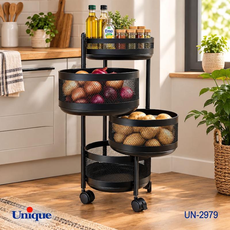  سبد پیاز و سیب زمینی 4 طبقه توری مشکی گرد یونیک کد UN-2979