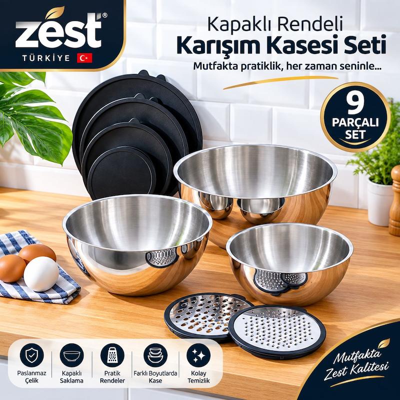 سرویس کاسه درب دار 9 پارچه رنده دار ترکیه‌ای برند ZEST (اصل)