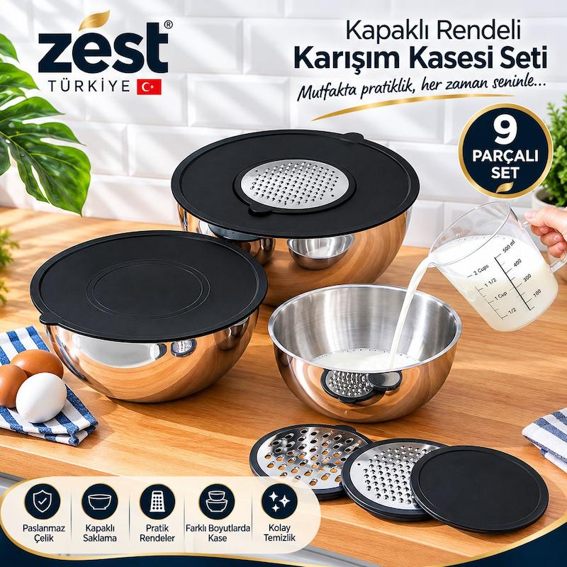 سرویس کاسه درب دار 9 پارچه رنده دار ترکیه‌ای برند ZEST (اصل)