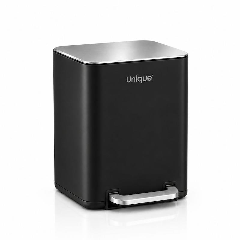سطل زباله چهارگوش یونیک 20 لیتر مشکی درب استیل باآرام بند UN-4301