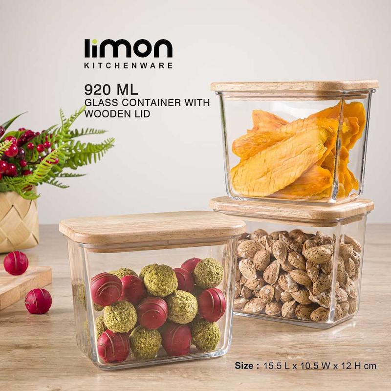 ظرف شیشه ای مستطیل 920 میلی لیتر درب چوبی کد 218859 لیمون