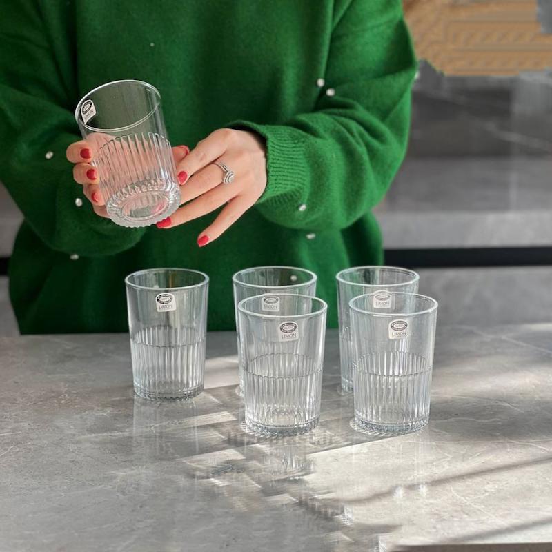لیوان شیشه ای شیاردار 350 سی سی- 6 عددی کد 221600 لیمون