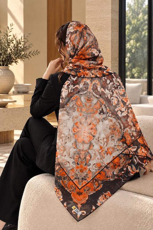 روسری زنانه طرح ابروبادی نارنجی مشکی