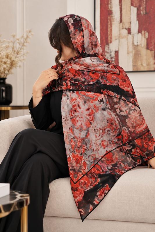 روسری زنانه طرح ماربل گل‌دار قرمز مشکی