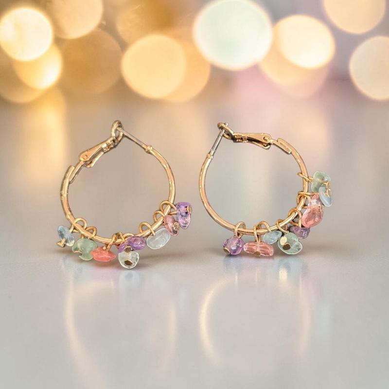 گوشواره حلقه ای سنگ رنگی با روکش طلا