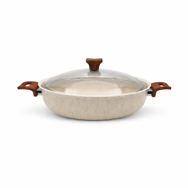 ماهیتابه چدن گرانیتی هاناتک سایز ۳۲ رنگ کرم درب پیرکس