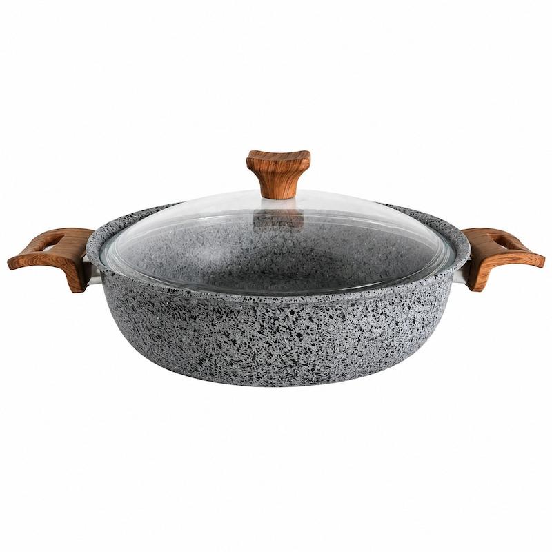 ماهیتابه چدن گرانیتی هاناتک سایز ۲۸ رنگ طوسی درب پیرکس