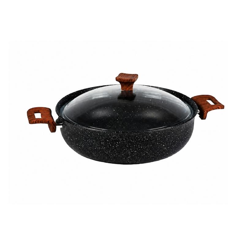 ماهیتابه چدن گرانیتی هاناتک سایز ۲۸ رنگ مشکی درب پیرکس
