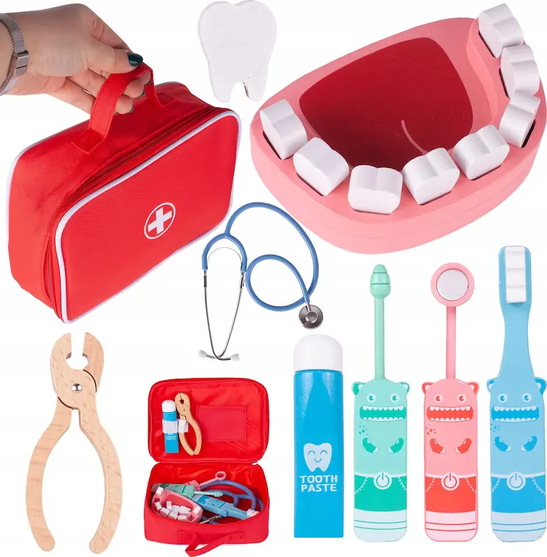 ست دندانپزشکی چوبی کیف قرمز